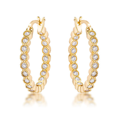Avera Dotted CZ Round Bezel Hoop Earrings in Pink