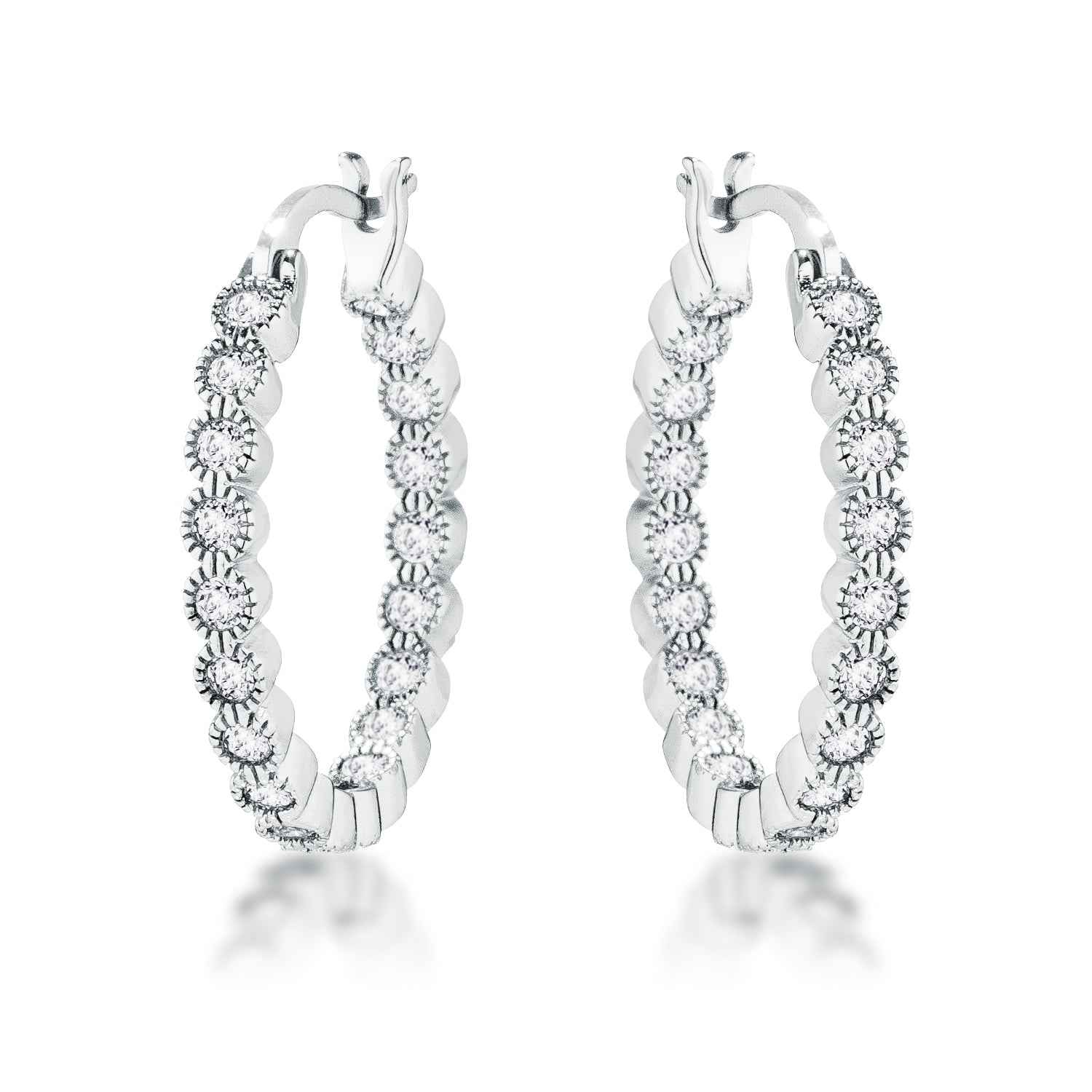 Dotted CZ Round Bezel Hoop Earrings