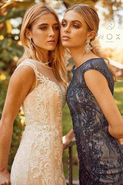 Nox Anabel E1006 Fitted Sheath Formal Lace Dress with Illusion Neckline by DiscountDressShop