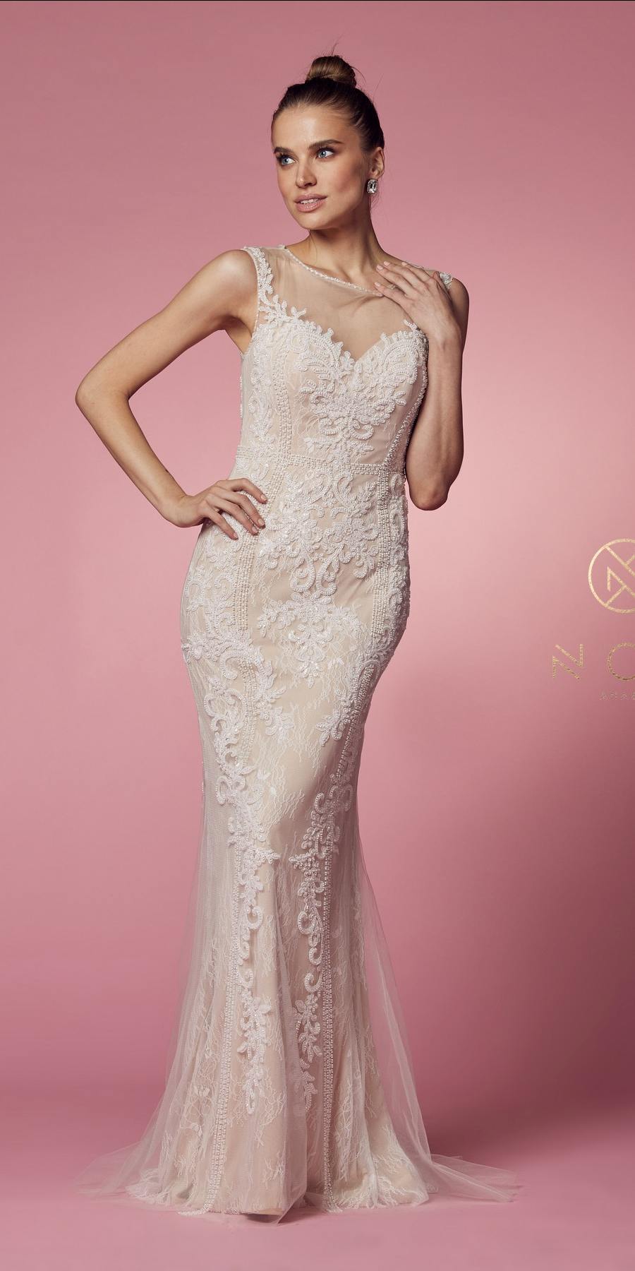 Nox Anabel E1006 Fitted Sheath Formal Lace Dress with Illusion Neckline by DiscountDressShop