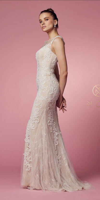 Nox Anabel E1006 Fitted Sheath Formal Lace Dress with Illusion Neckline by DiscountDressShop