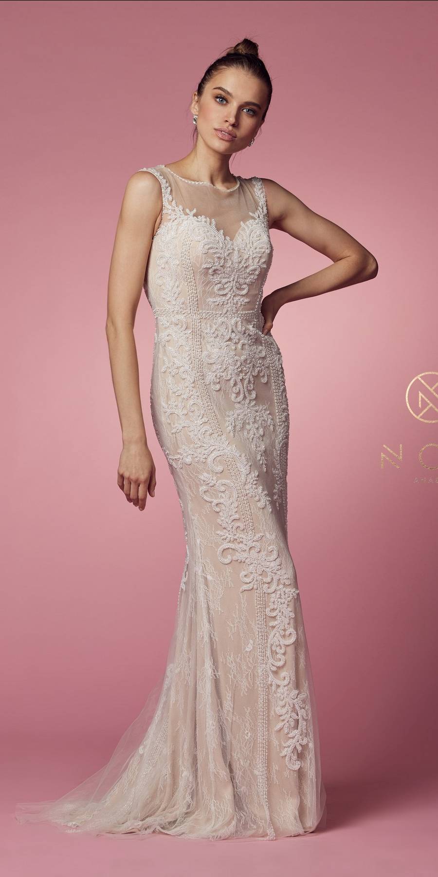 Nox Anabel E1006 Fitted Sheath Formal Lace Dress with Illusion Neckline by DiscountDressShop