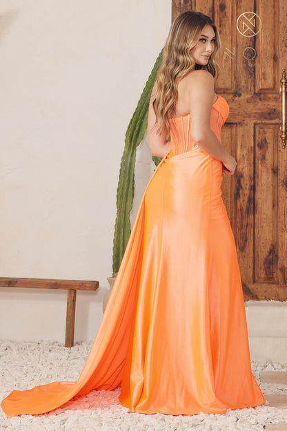 Nox Anabel E1237 Floor Length Satin Cowl Neck Strapless Gown Side Sash by DiscountDressShop
