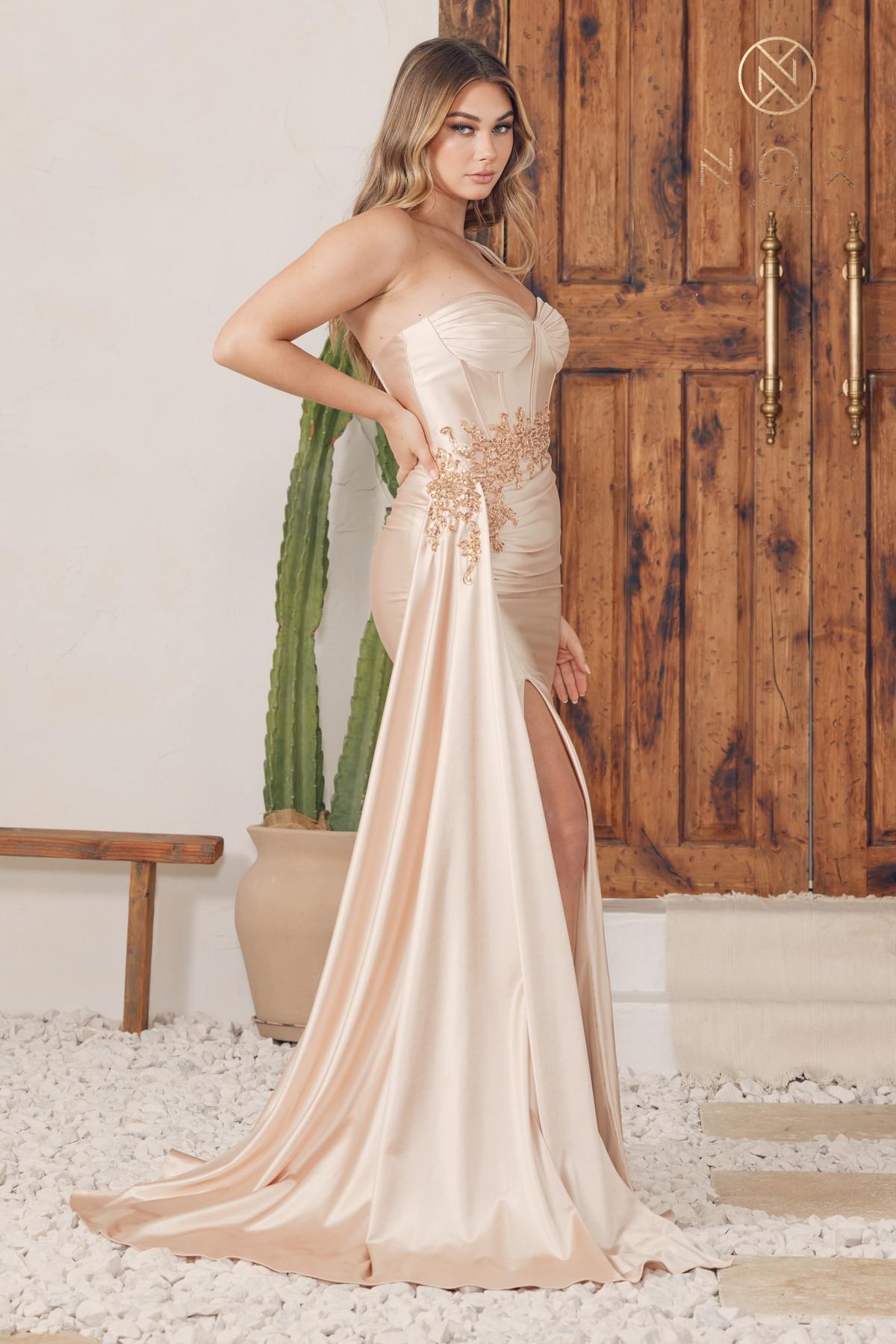 Nox Anabel E1239 Floor Length Satin Gown Side Sash with Leg Slit - DestGlow