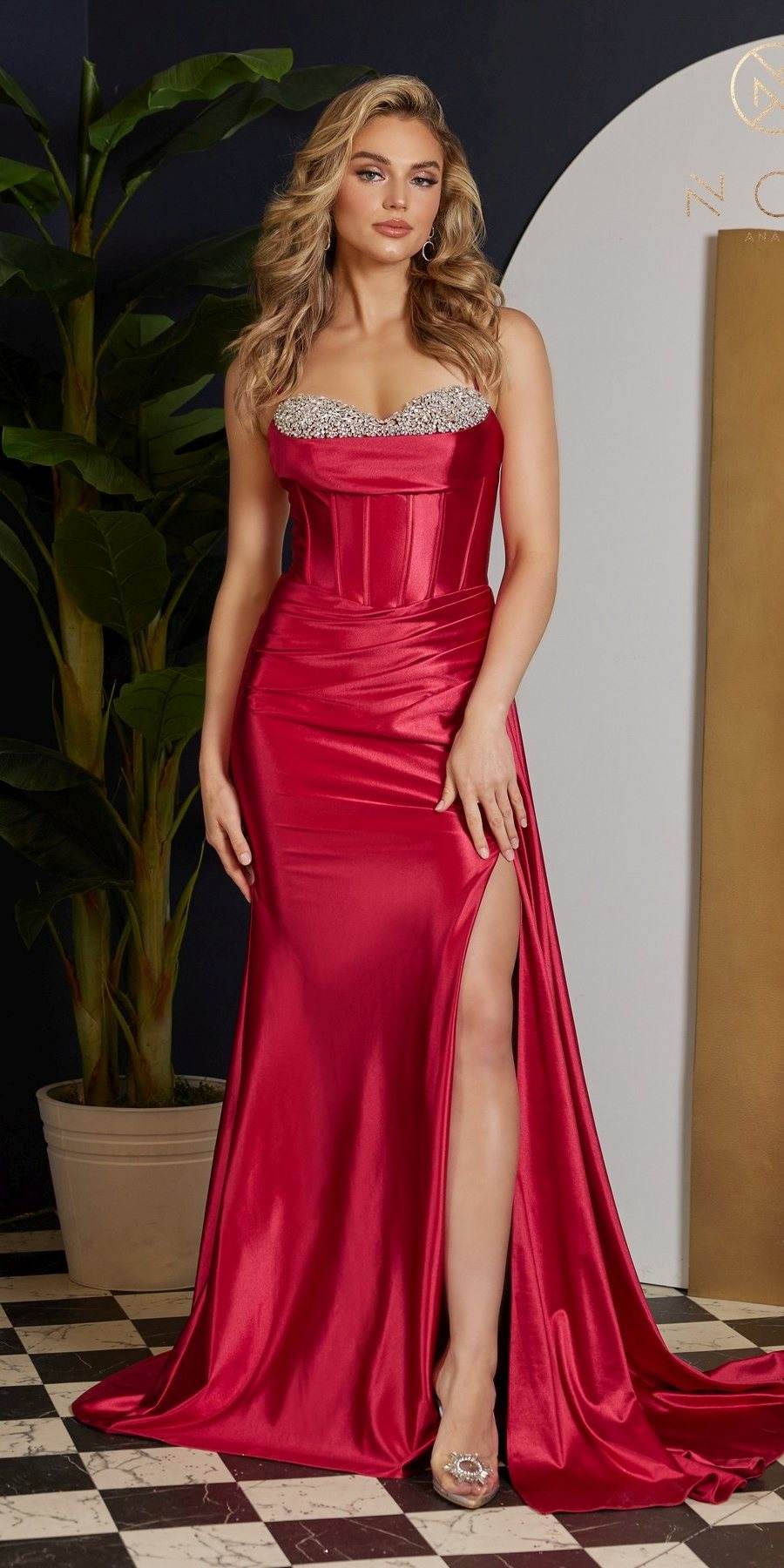 Nox Anabel E1242 Floor Length Fitted Satin Corset Bodice with Slit Gown by DiscountDressShop