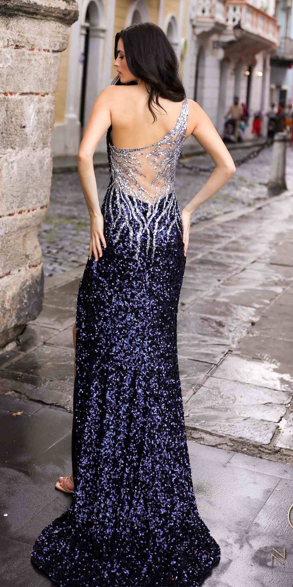 Nox Anabel E1280 Long One Shoulder Illusion Back Sequin Gown by DiscountDressShop
