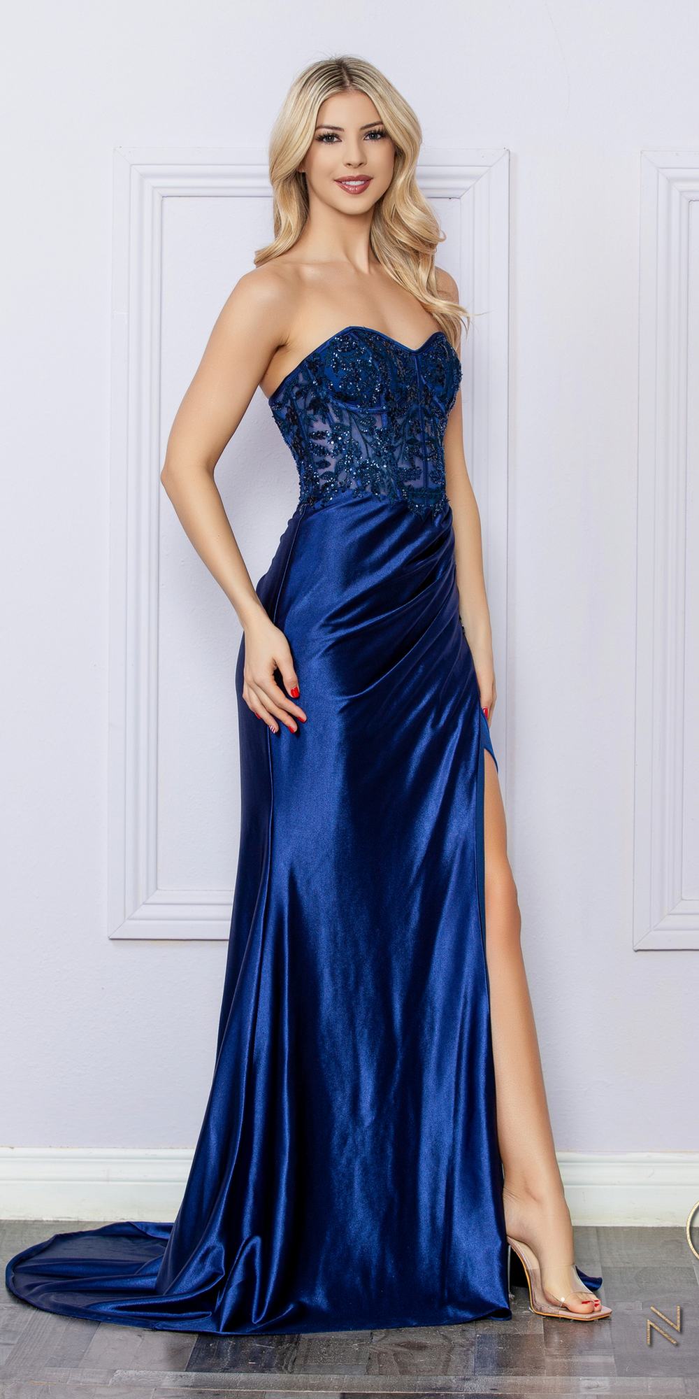 Nox Anabel E1284 Long Strapless Satin Sequin Boned Bodice Formal Gown by DiscountDressShop