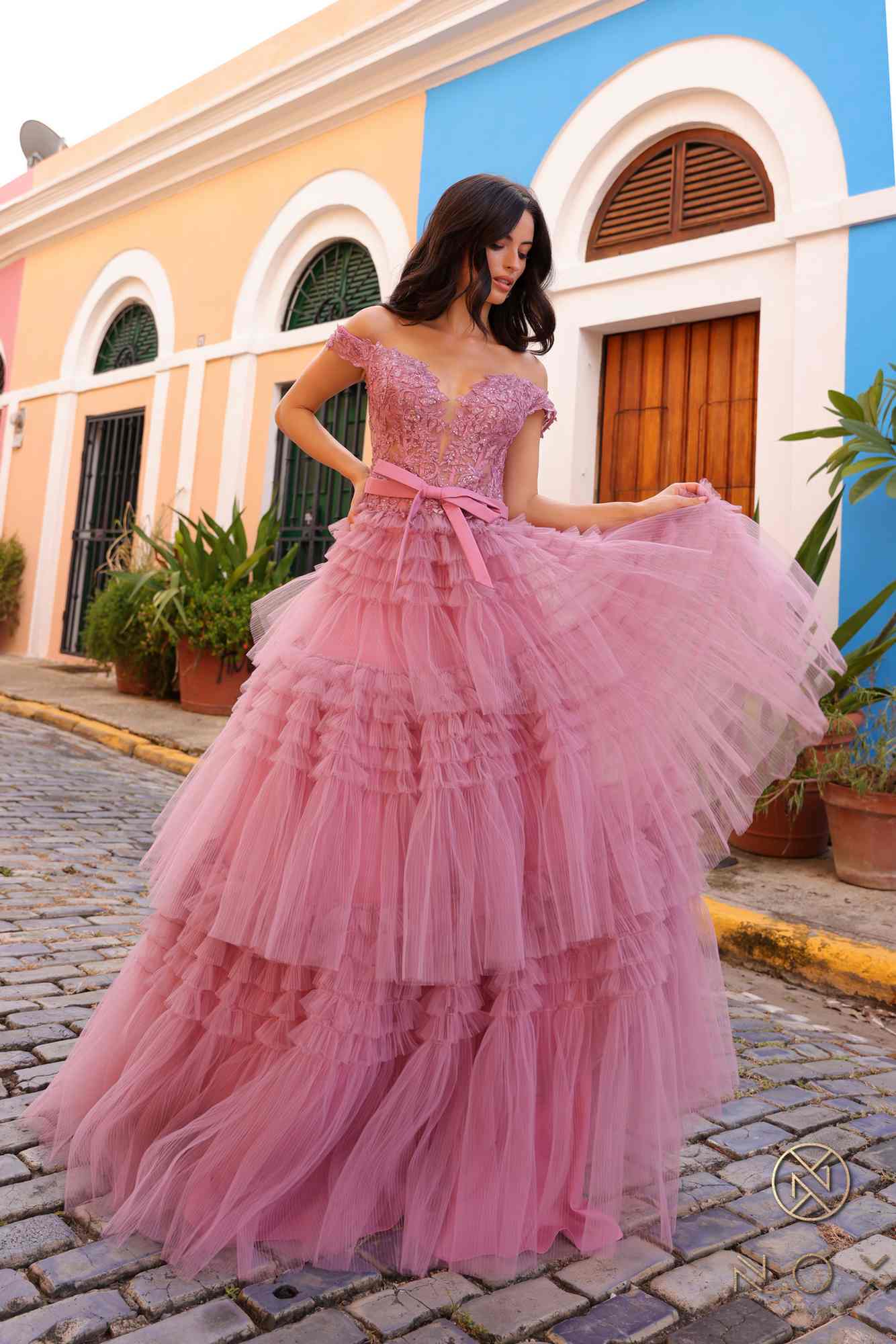 Nox Anabel E1293 Long Off the Shoulder Sweetheart Ruffled Tiered Tulle Gown by DiscountDressShop