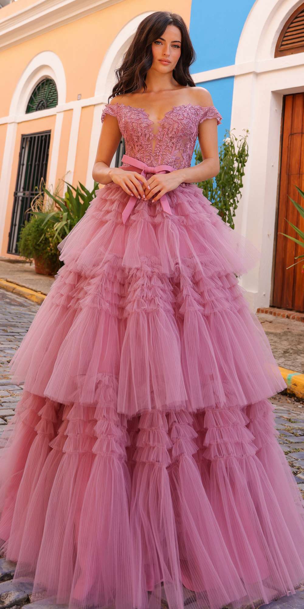 Nox Anabel E1293 Long Off the Shoulder Sweetheart Ruffled Tiered Tulle Gown by DiscountDressShop