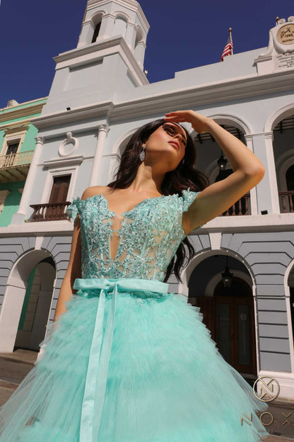 Nox Anabel E1293 Long Off the Shoulder Sweetheart Ruffled Tiered Tulle Gown by DiscountDressShop