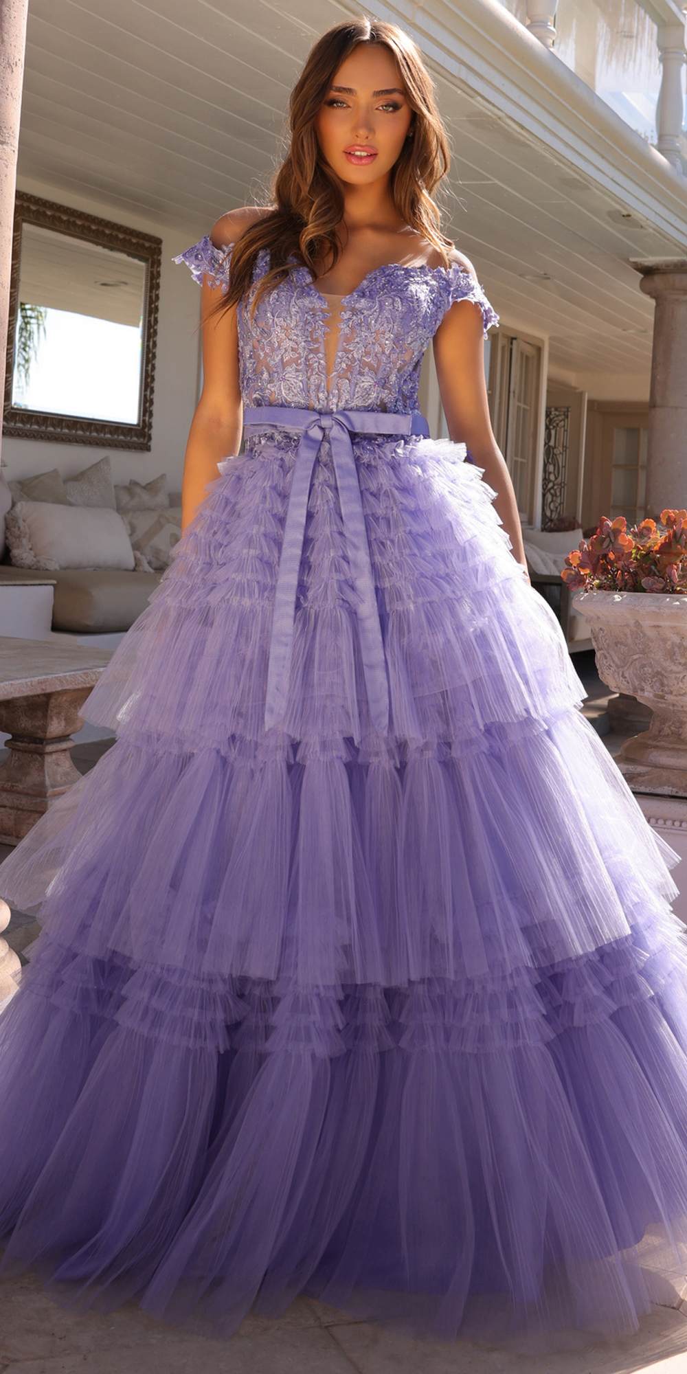 Nox Anabel E1293 Long Off the Shoulder Sweetheart Ruffled Tiered Tulle Gown by DiscountDressShop