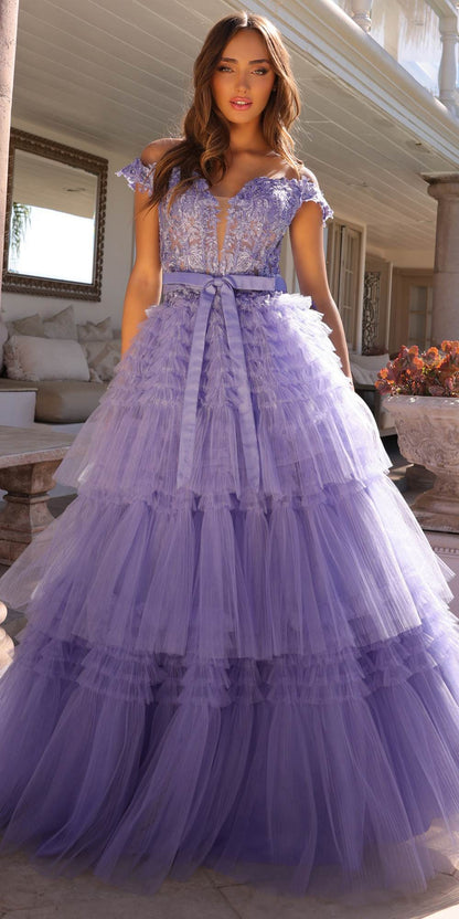 Nox Anabel E1293 Long Off the Shoulder Sweetheart Ruffled Tiered Tulle Gown by DiscountDressShop