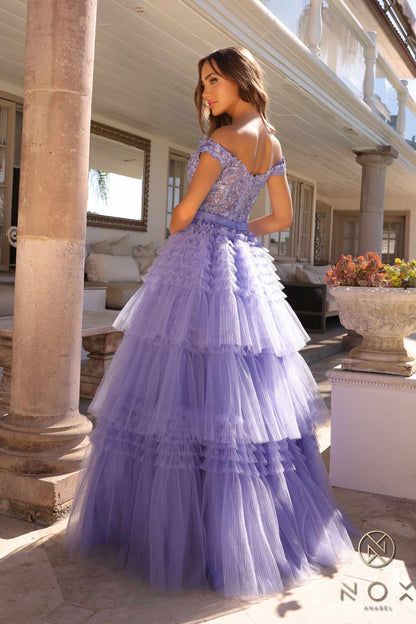 Nox Anabel E1293 Long Off the Shoulder Sweetheart Ruffled Tiered Tulle Gown by DiscountDressShop