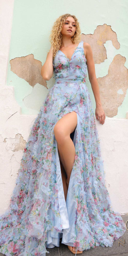 Nox Anabel E1445 Long A-Line V-Neck Floral Print Evening Gown - DestGlow
