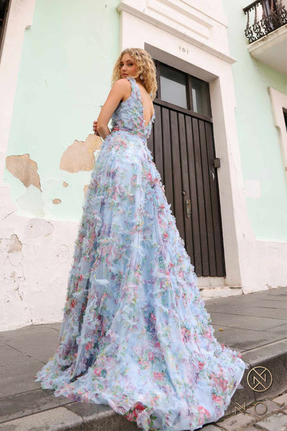 Nox Anabel E1445 Long A-Line V-Neck Floral Print Evening Gown - DestGlow