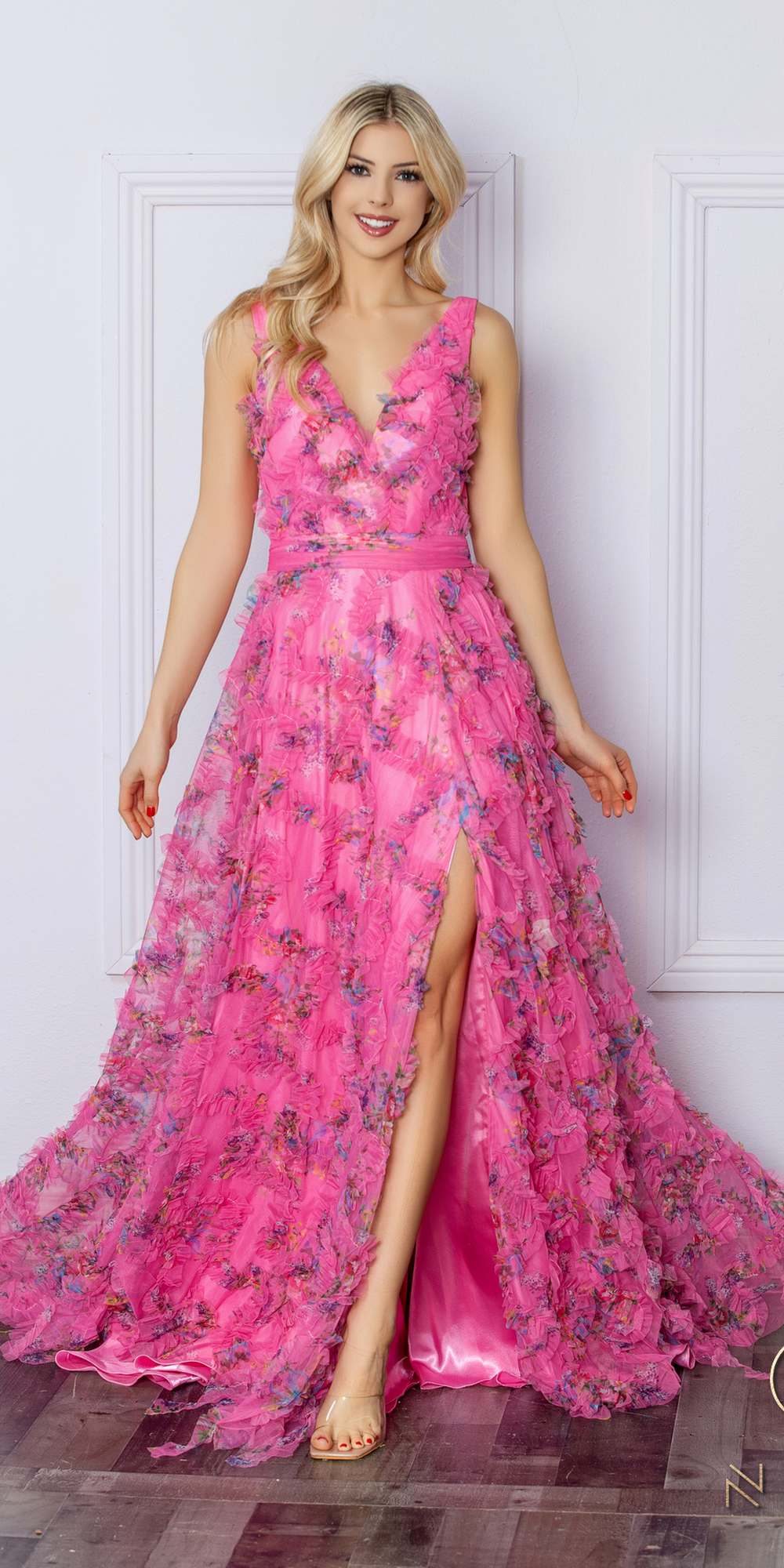 Nox Anabel E1445 Long A-Line V-Neck Floral Print Evening Gown - DestGlow