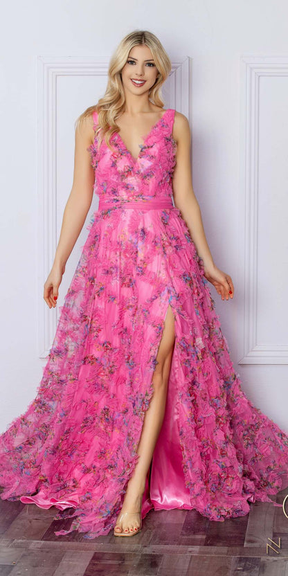 Nox Anabel E1445 Long A-Line V-Neck Floral Print Evening Gown - DestGlow