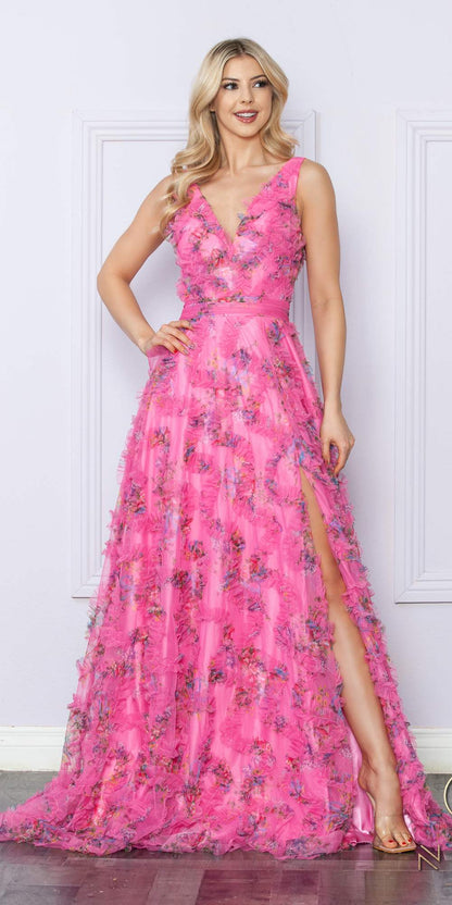 Nox Anabel E1445 Long A-Line V-Neck Floral Print Evening Gown - DestGlow