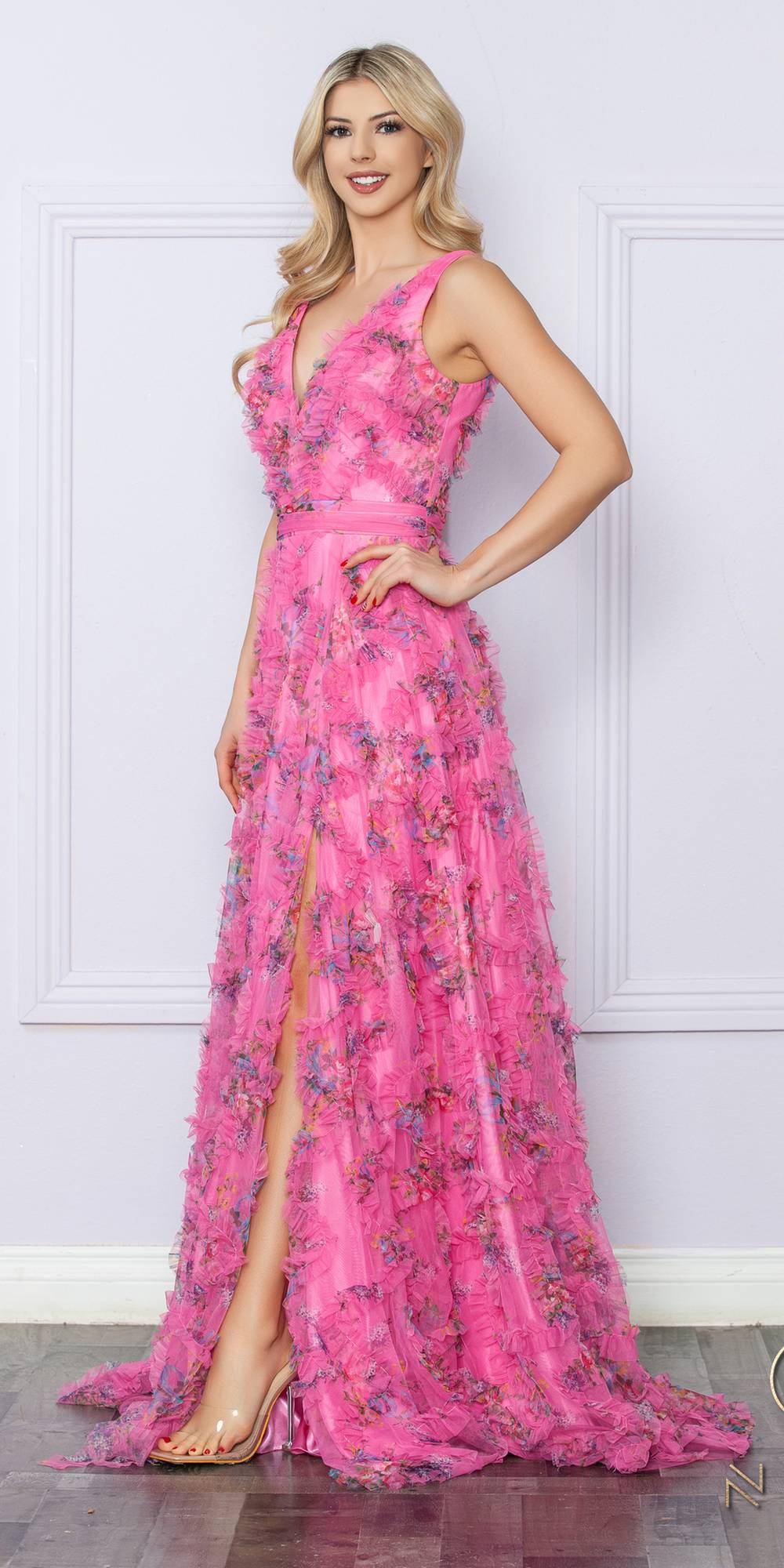 Nox Anabel E1445 Long A-Line V-Neck Floral Print Evening Gown - DestGlow