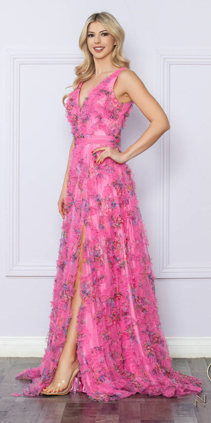 Nox Anabel E1445 Long A-Line V-Neck Floral Print Evening Gown - DestGlow