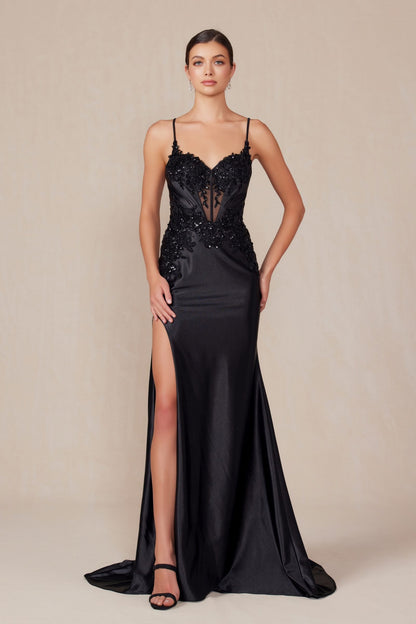 Nox Anabel E1488 Luxurious Shiny Satin Material A Sweetheart Neckline &amp; Slit by DiscountDressShop