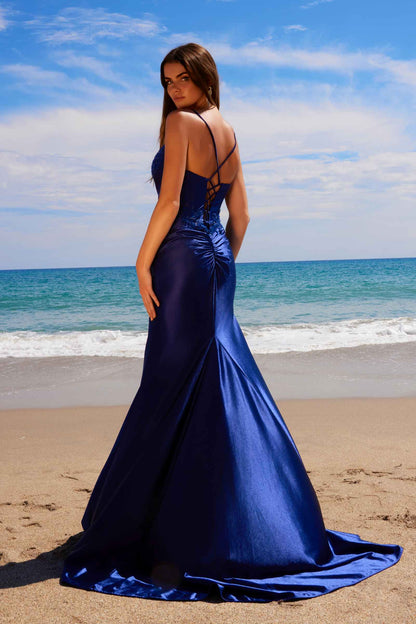 Nox Anabel E1488 Luxurious Shiny Satin Material A Sweetheart Neckline &amp; Slit by DiscountDressShop