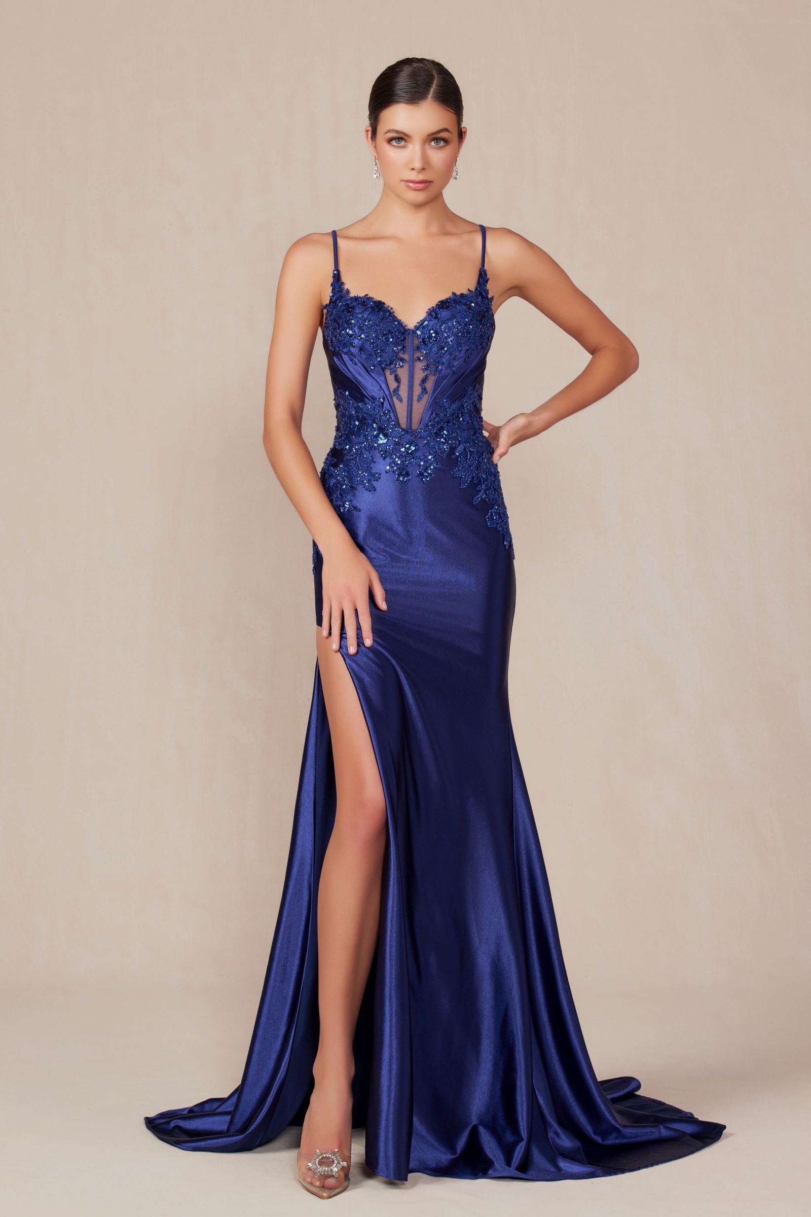 Nox Anabel E1488 Luxurious Shiny Satin Material A Sweetheart Neckline &amp; Slit by DiscountDressShop