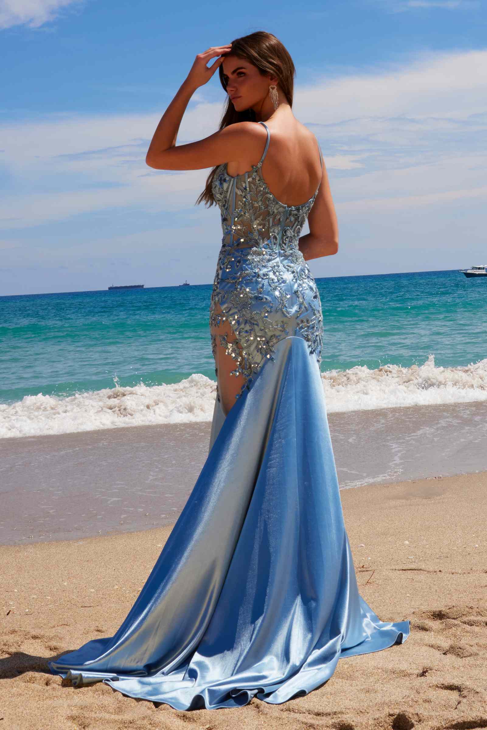 Nox Anabel E1532 Satin Sequin Applique Boned Waist Mermaid Dress by DiscountDressShop
