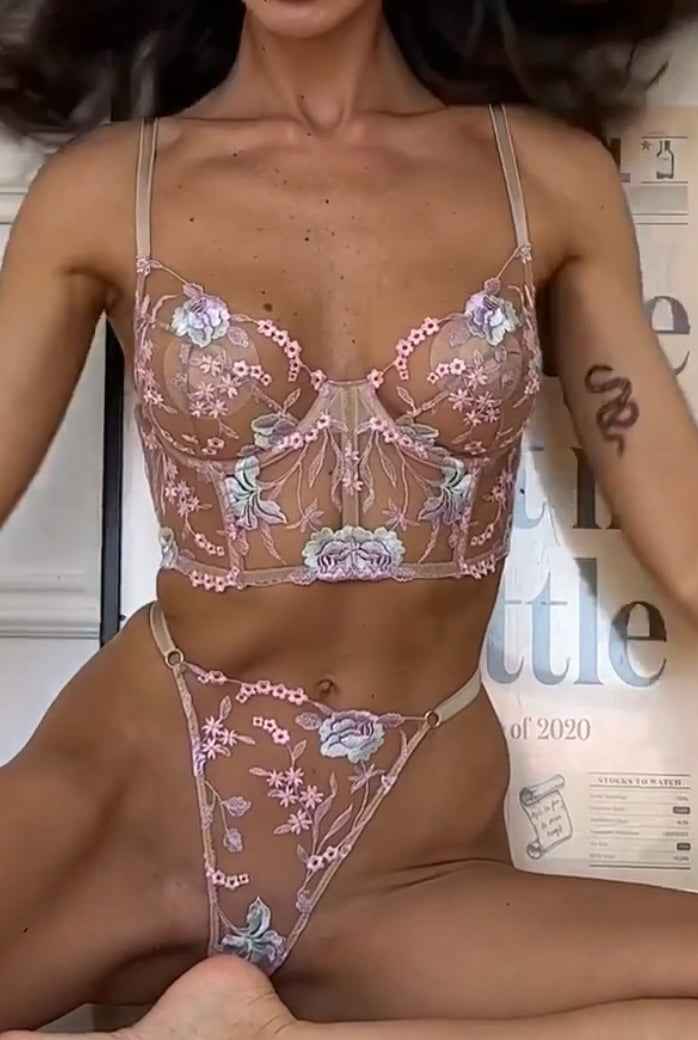Champagne Floral Sexy Sheer Embroidered Lingerie Set