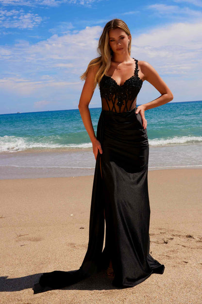Nox Anabel E1711 Sheer Corset Beaded Applique Dress with Slit by DiscountDressShop