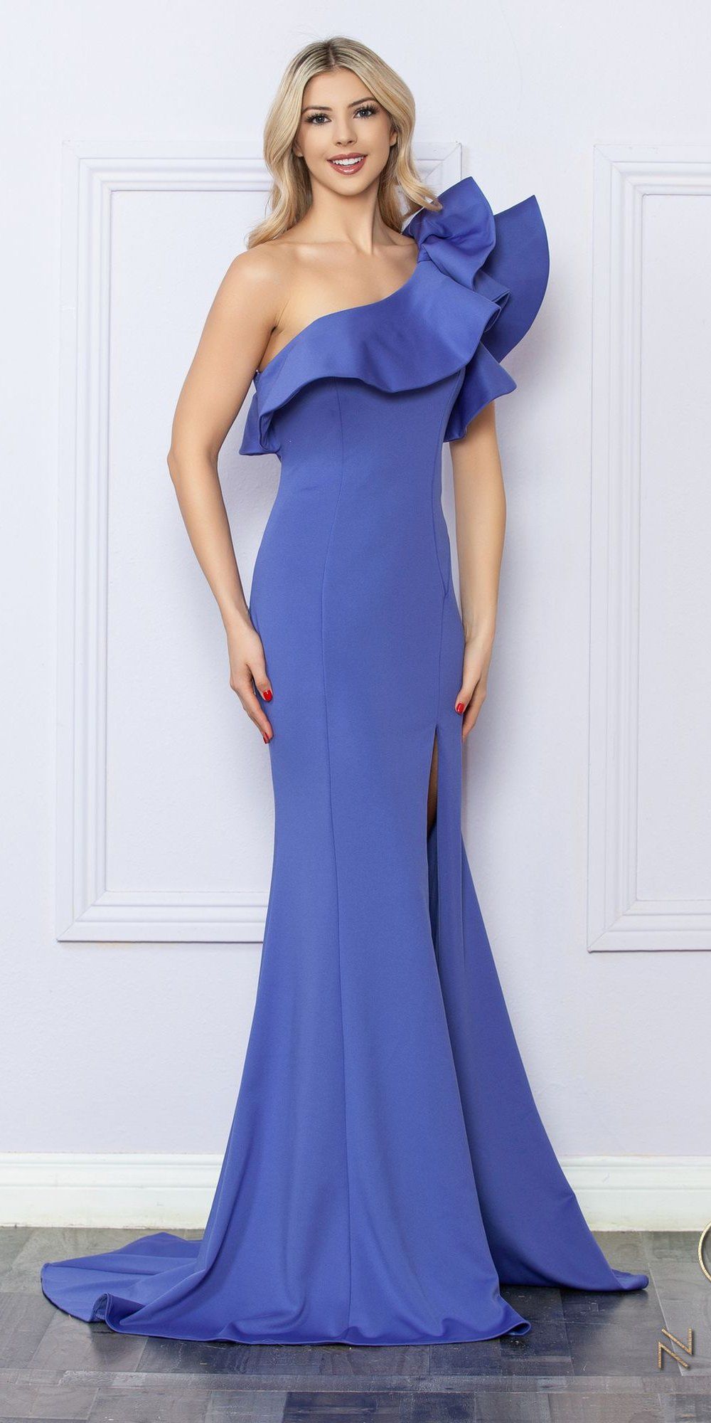 Nox Anabel E467 Long Sheath One Shoulder Ruffle Overlay Strap Gown by DiscountDressShop