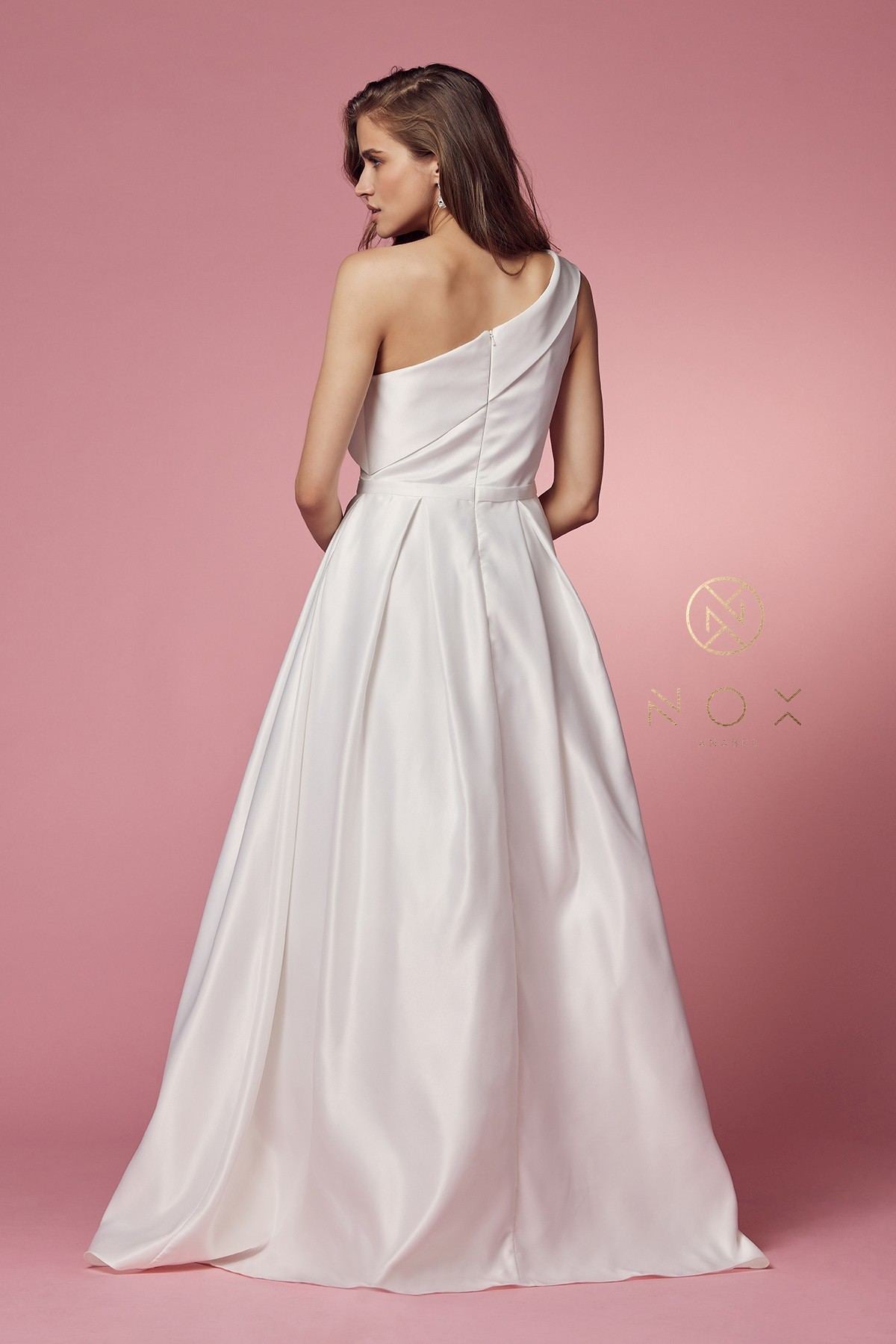 Nox Anabel E469 Elegant One Shoulder Long Satin A-Line Dress by DiscountDressShop