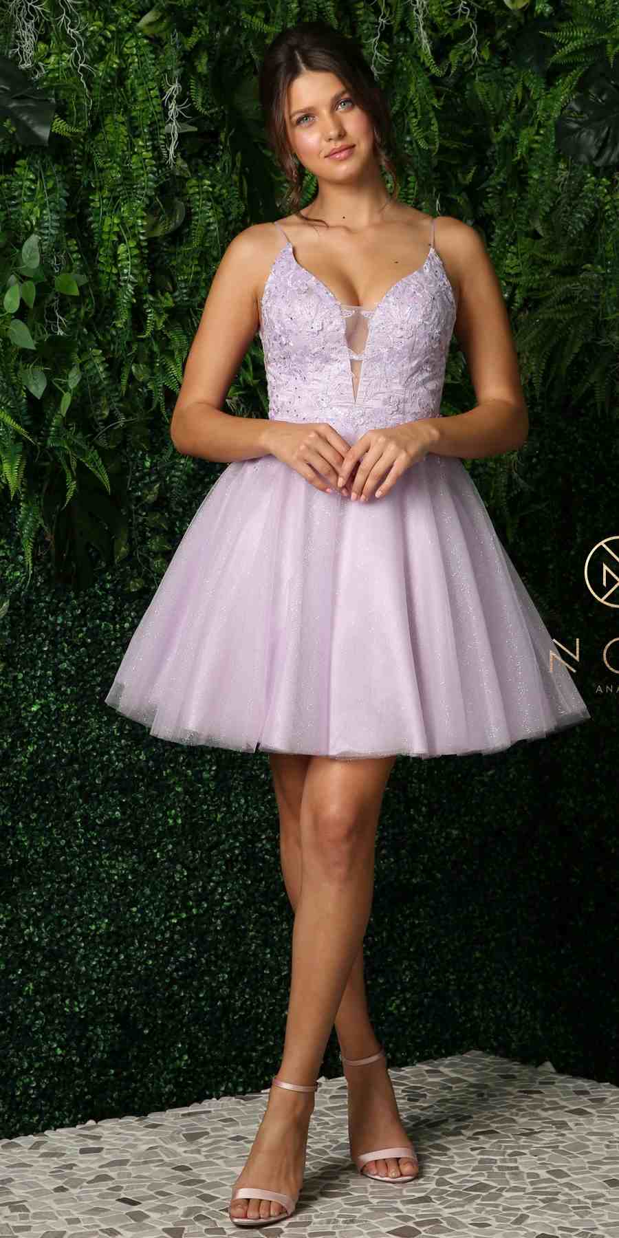 Nox Anabel E779 Plunging V-Neck Embroidered Bodice Short Dress by DiscountDressShop