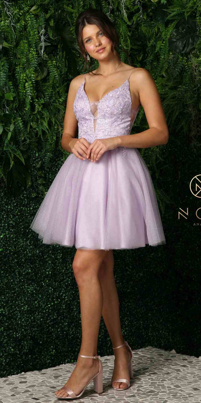 Nox Anabel E779 Plunging V-Neck Embroidered Bodice Short Dress by DiscountDressShop