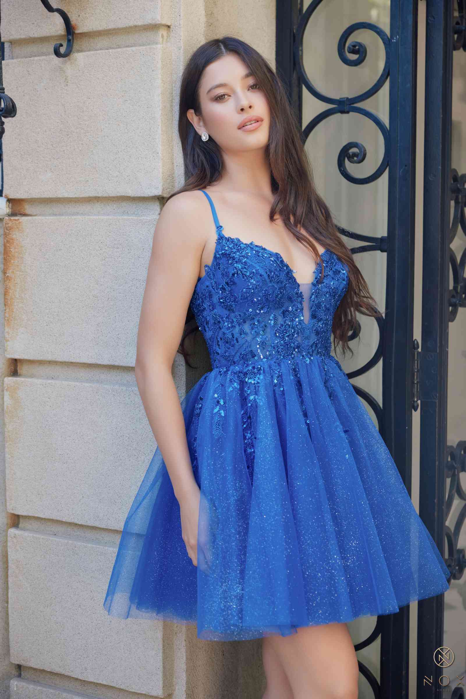Nox Anabel E902 Short A-Line Applique Sleeveless Homecoming Dress  DestGlow