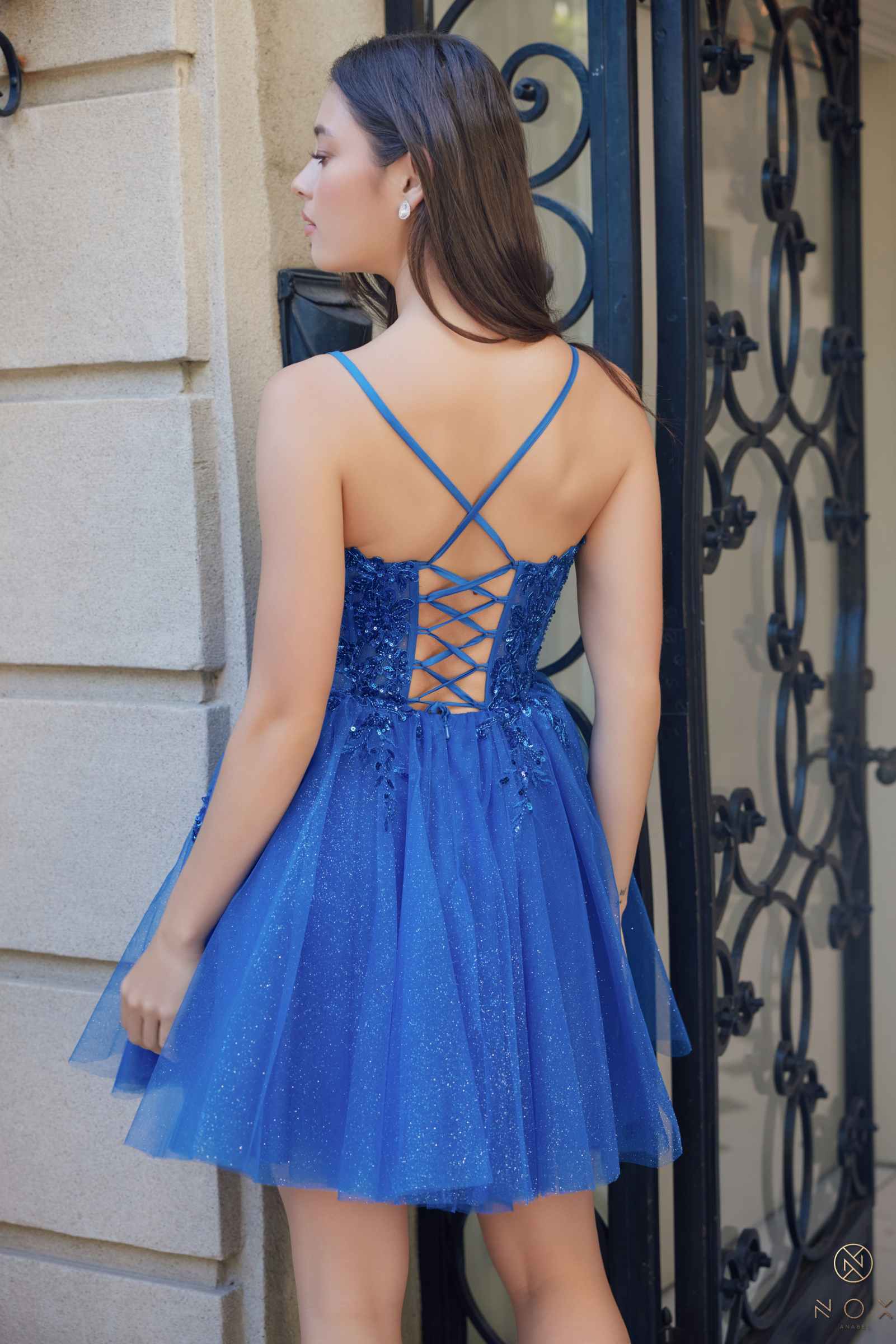 Nox Anabel E902 Short A-Line Applique Sleeveless Homecoming Dress  DestGlow