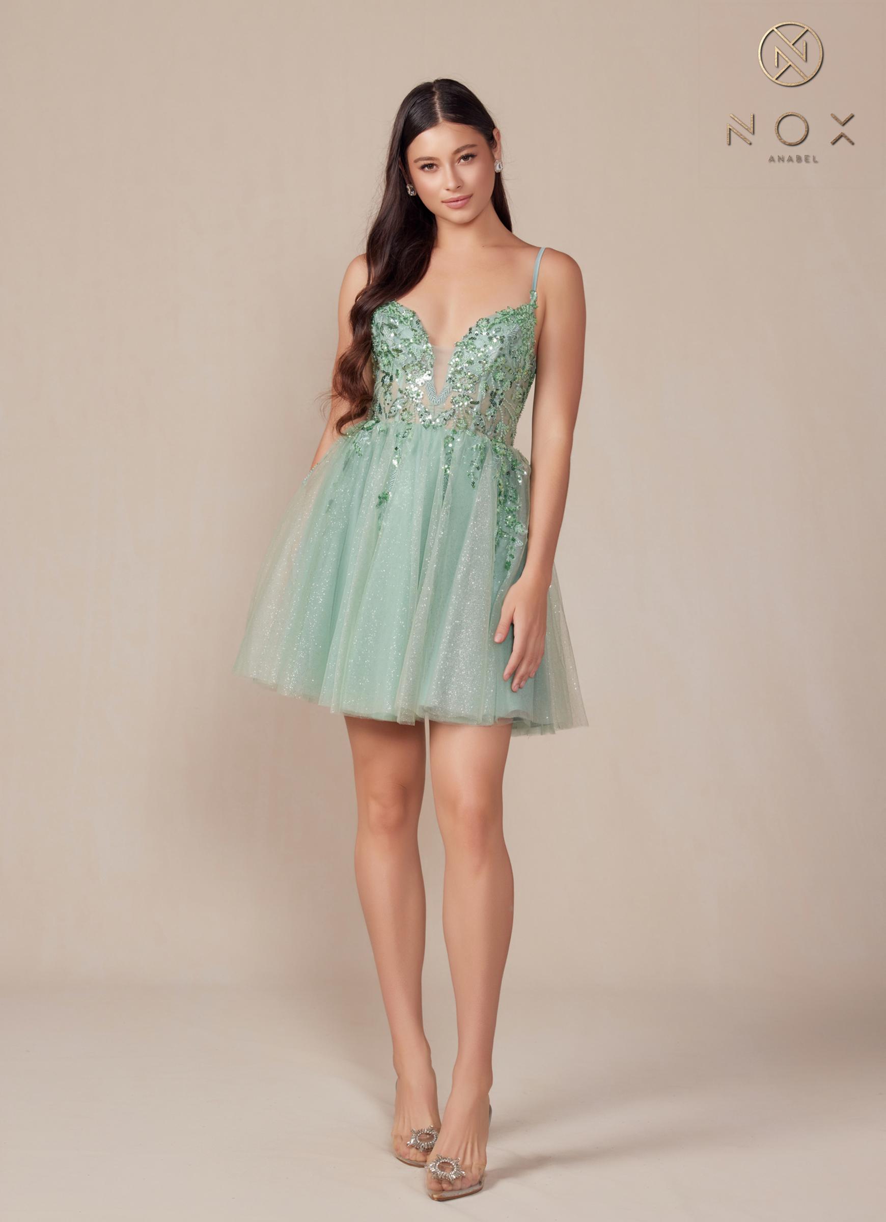 Nox Anabel E902 Short A-Line Applique Sleeveless Homecoming Dress  DestGlow