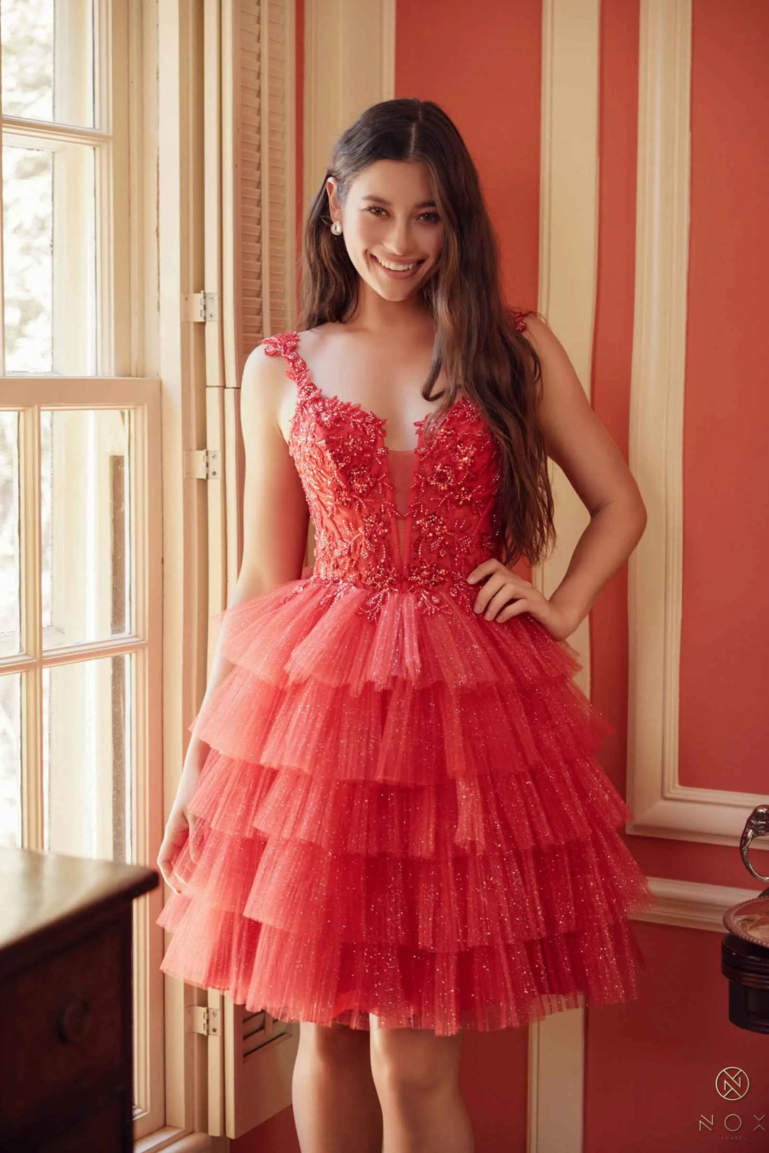 Nox Anabel E904 Short Tiered Ruffled A-Line Gown by DiscountDressShop