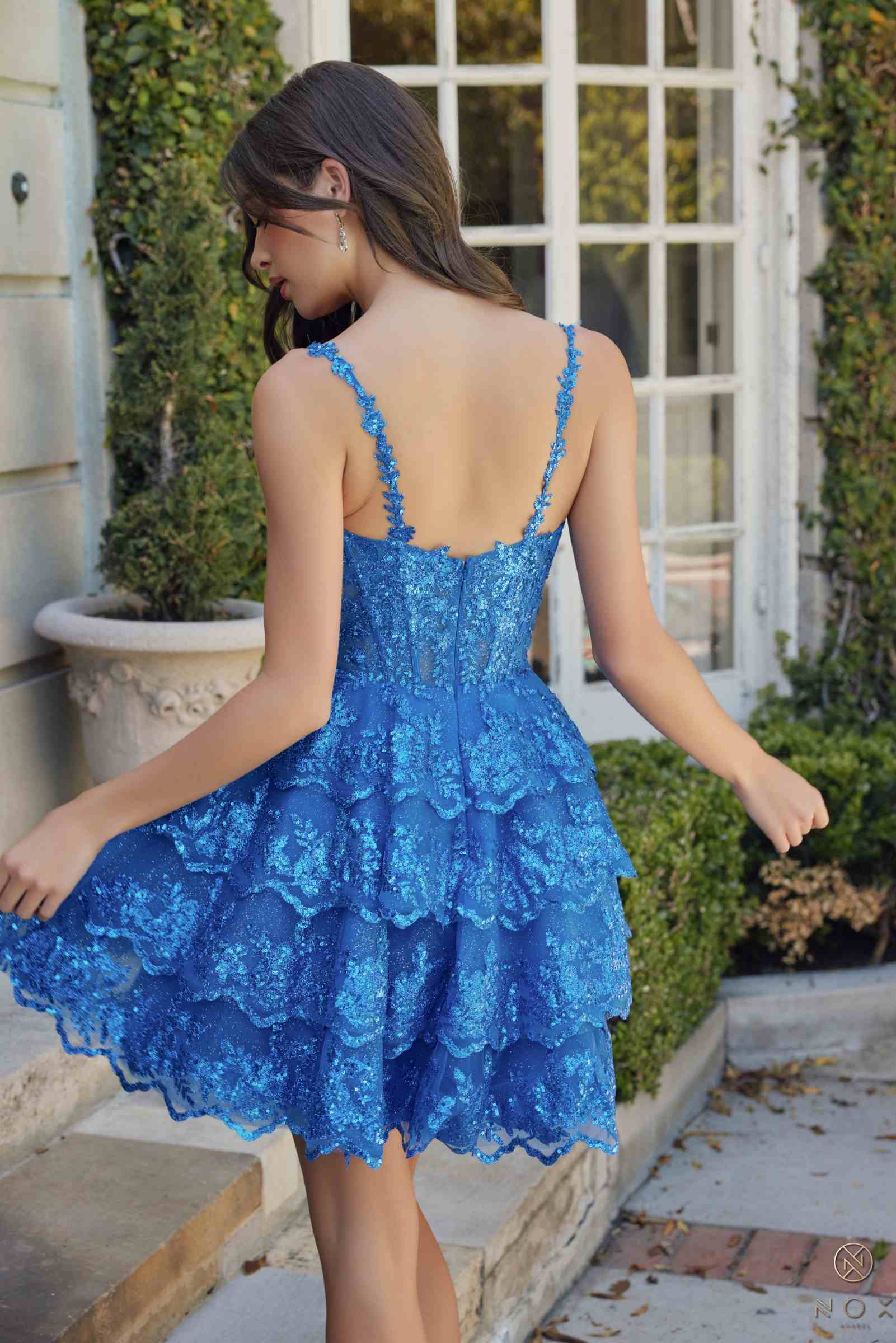 Nox Anabel E914 Short Applique Tiered A-Line Dress  DestGlow