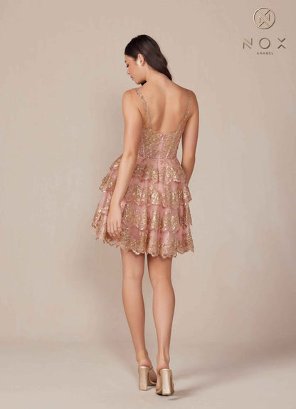 Nox Anabel E914 Short Applique Tiered A-Line Dress  DestGlow