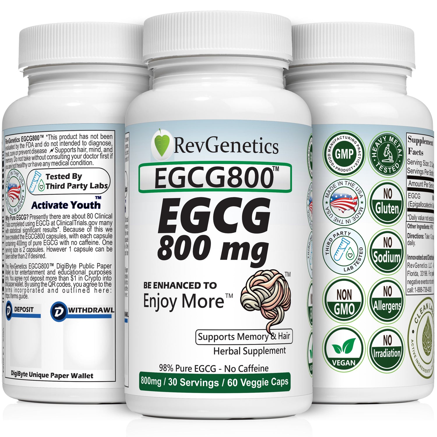 EGCG 800mg Caffeine-Free: Green Tea Extract for Cellular Health by RevGenetics