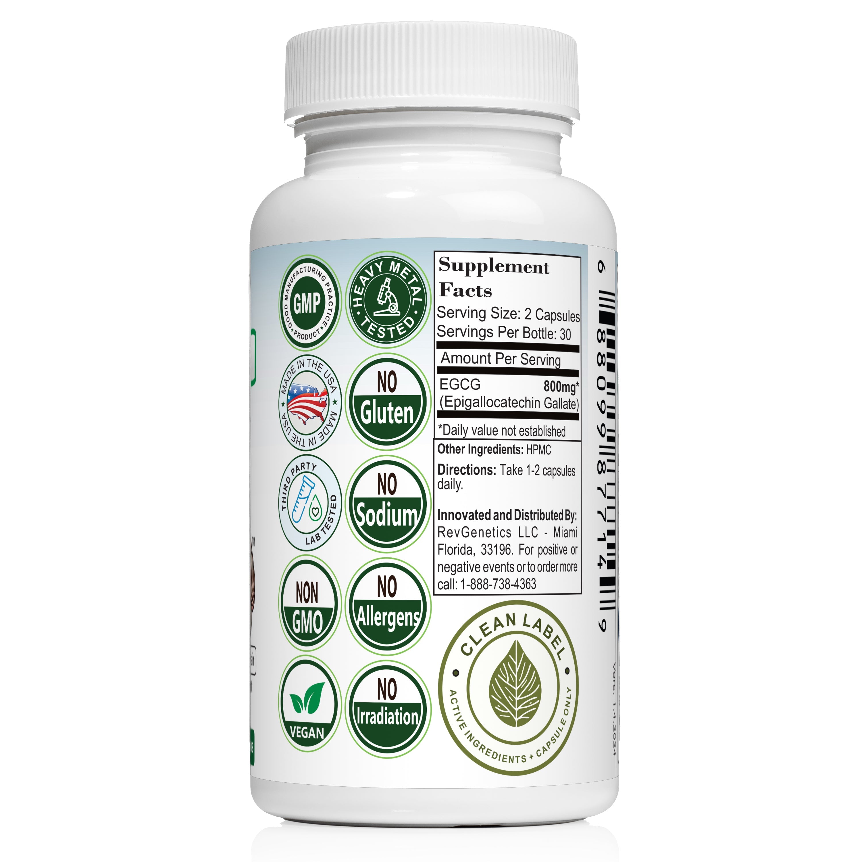 EGCG 800mg Caffeine-Free: Green Tea Extract for Cellular Health by RevGenetics