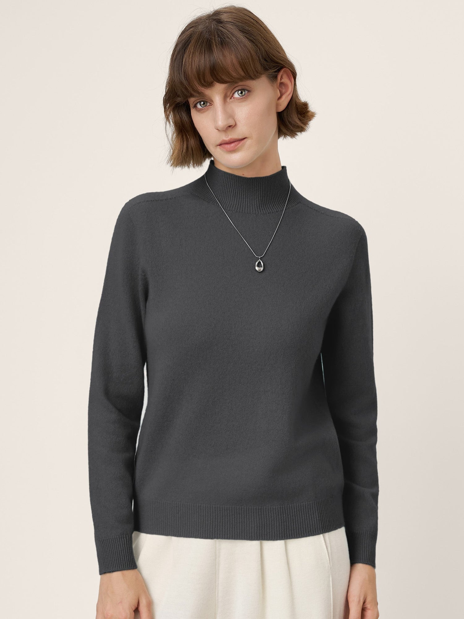 Premium Cashmere Blend Hand-Finished Seamless Mock Neck Ribbed Sweater RHEA by LINTICO