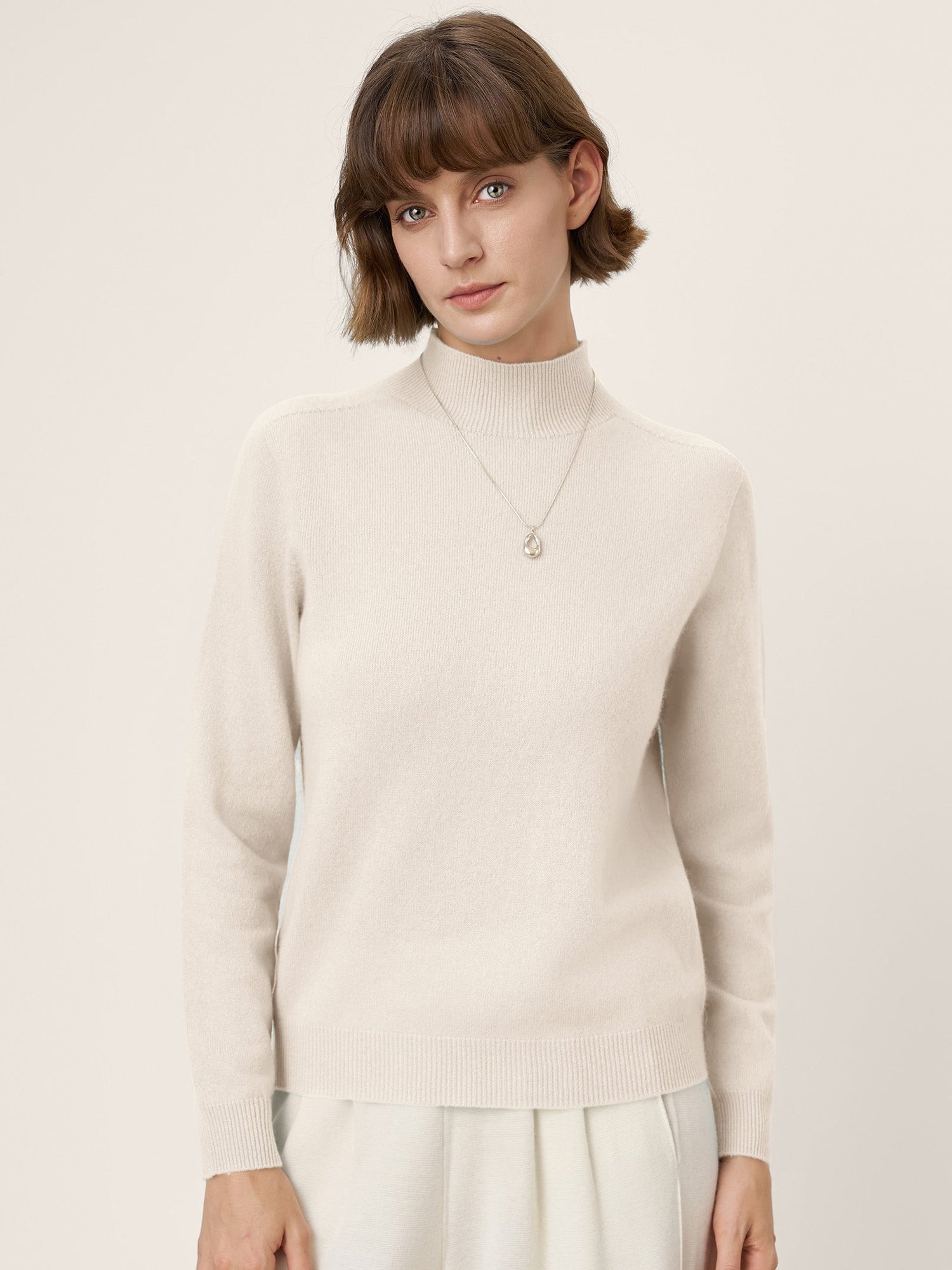 Premium Cashmere Blend Hand-Finished Seamless Mock Neck Ribbed Sweater RHEA by LINTICO