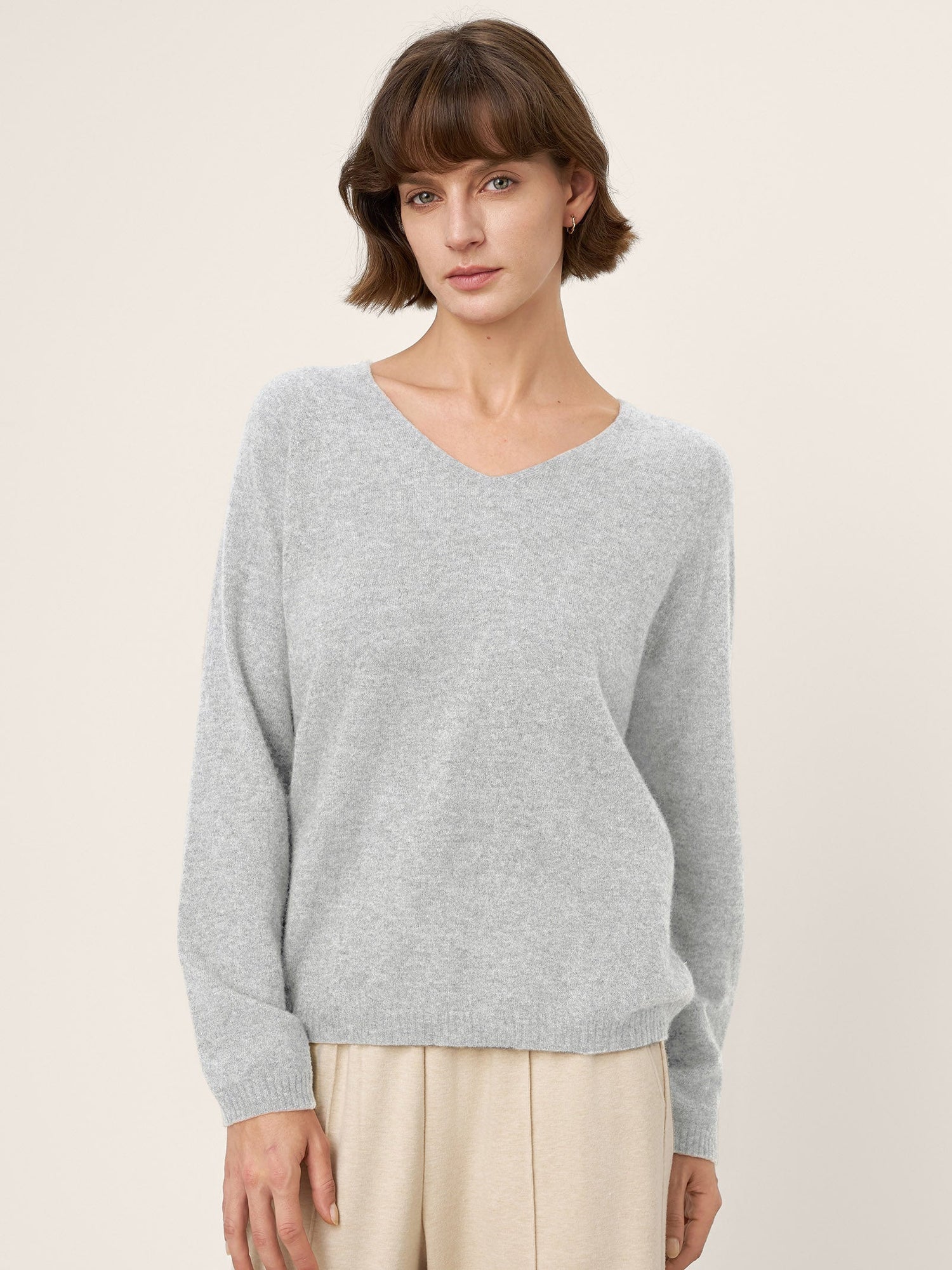 Mongolian Cashmere &amp; Mulberry Silk Seamless Ribbed Trim V-Neck Sweater TESSA by LINTICO