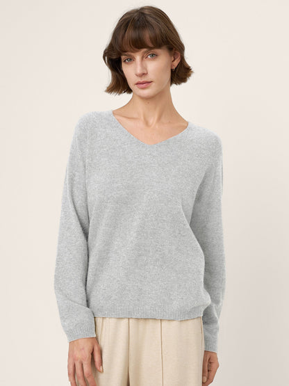 Mongolian Cashmere &amp; Mulberry Silk Seamless Ribbed Trim V-Neck Sweater TESSA by LINTICO