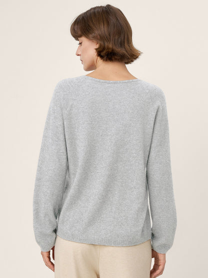 Mongolian Cashmere &amp; Mulberry Silk Seamless Ribbed Trim V-Neck Sweater TESSA by LINTICO