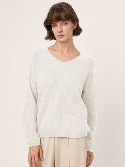 Mongolian Cashmere &amp; Mulberry Silk Seamless Ribbed Trim V-Neck Sweater TESSA by LINTICO