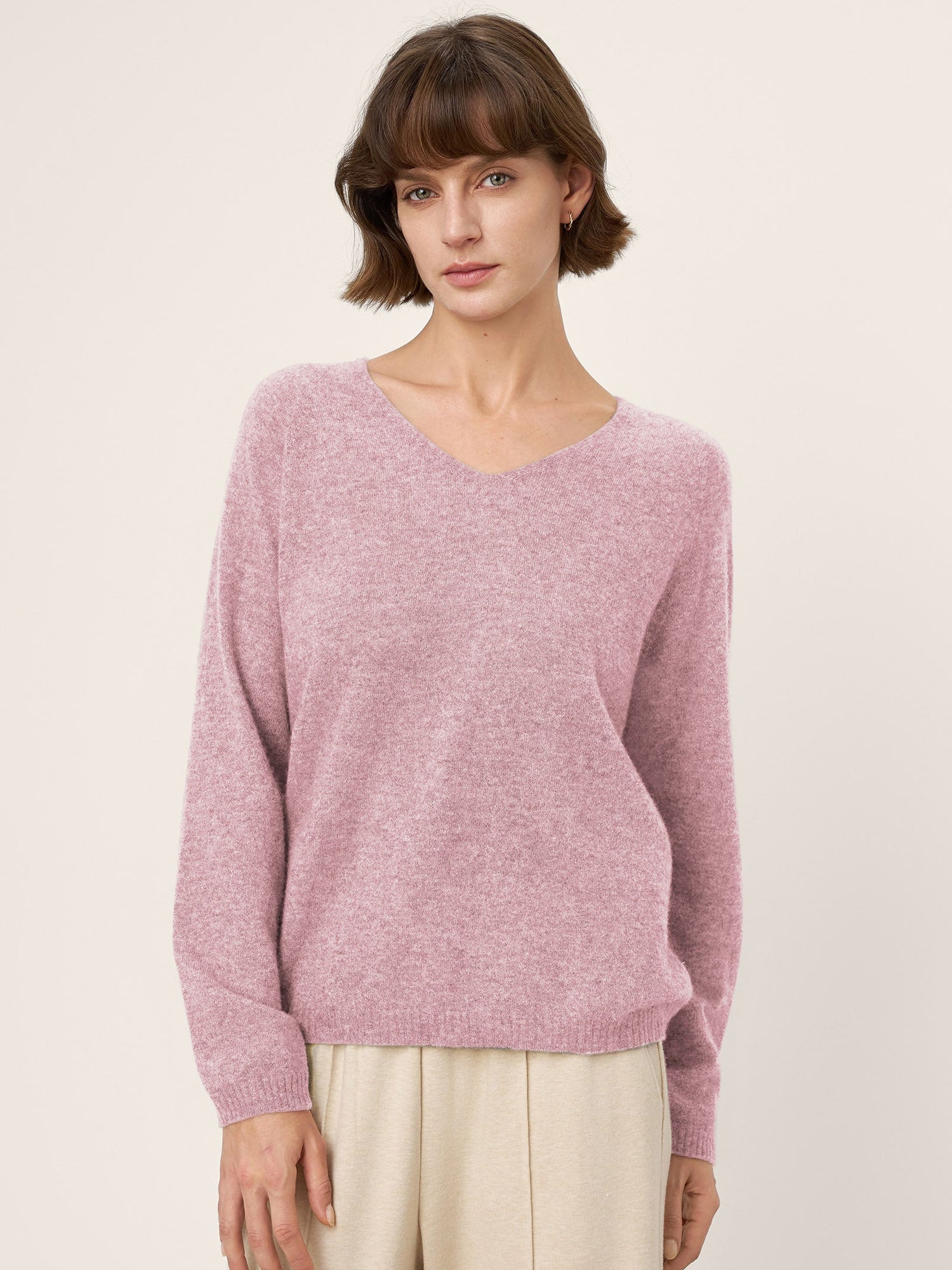 Mongolian Cashmere &amp; Mulberry Silk Seamless Ribbed Trim V-Neck Sweater TESSA by LINTICO