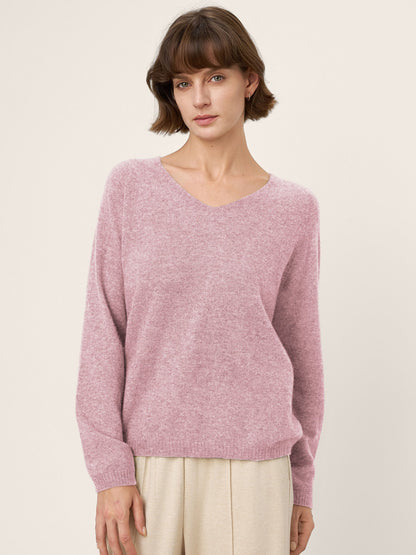 Mongolian Cashmere &amp; Mulberry Silk Seamless Ribbed Trim V-Neck Sweater TESSA by LINTICO